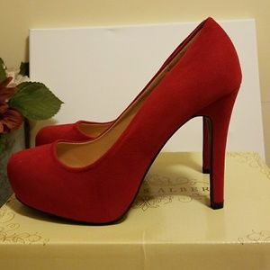 Red faux suede heels